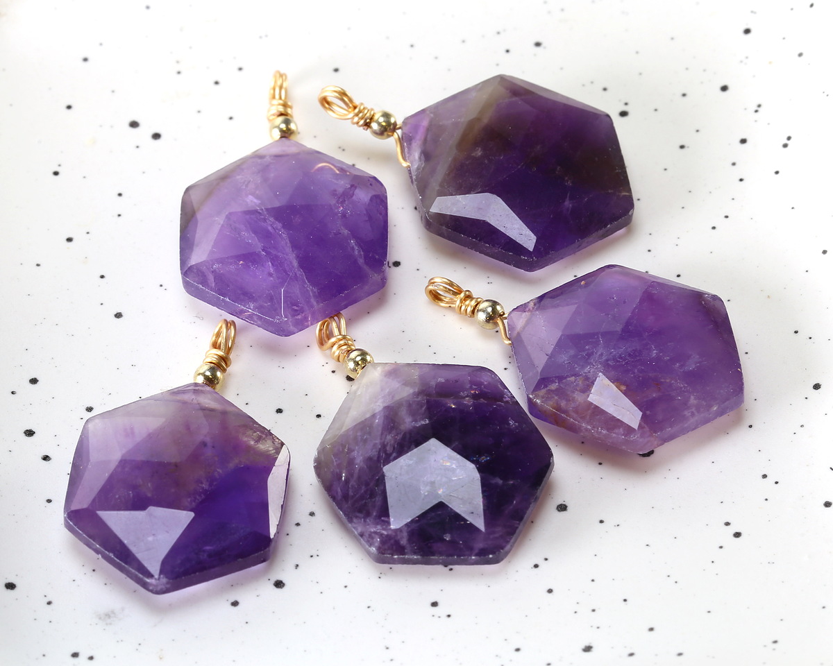 Amethyst Faceted w/ Gold Finish Hexagon Wire Wrapped Pendant 20x25mm
