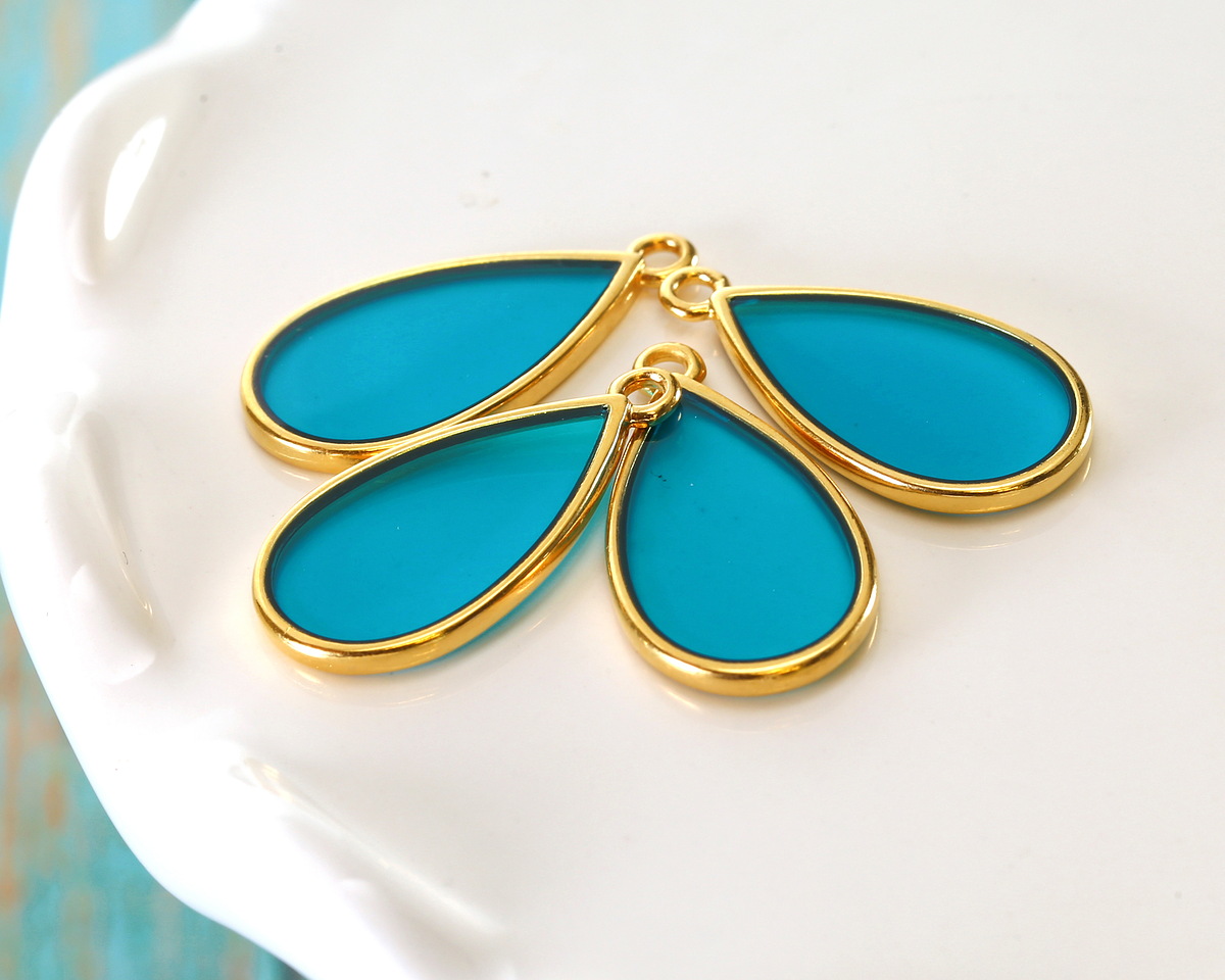 24K Gold (Plated) Transparent Turquoise Resin Drop Focal 13x23mm