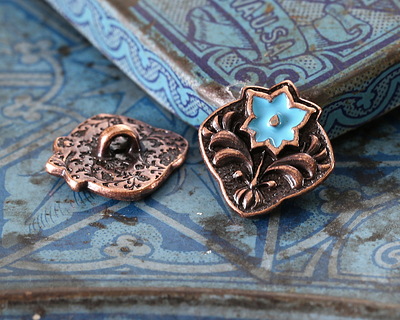 TierraCast Antique Copper (plated) Light Sky Blue Enamel Flower Square Button 14x15mm