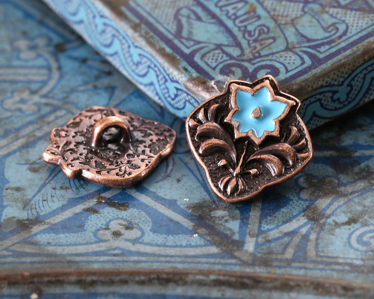 TierraCast Antique Copper (plated) Light Sky Blue Enamel Flower Square Button 14x15mm