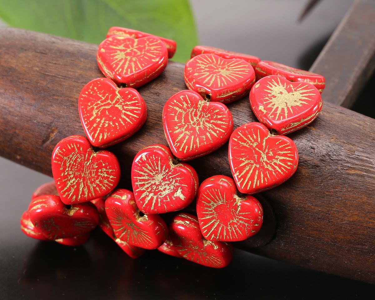 Czech Glass Pepper Red w/ Gold Starburst Heart 13x14mm