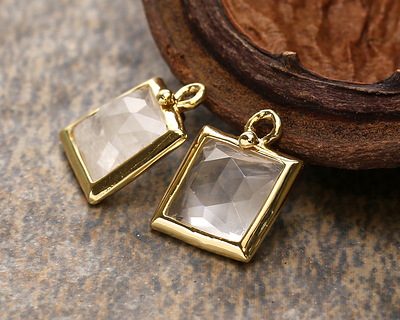 Rock Crystal Quartz w/ Gold Finish Faceted Square Focal 10x13mm
