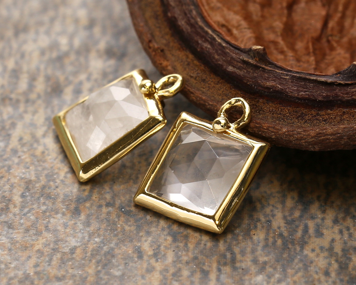 Rock Crystal Quartz w/ Gold Finish Faceted Square Focal 10x13mm