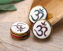 Nepalese Brass w/ Turquoise & Coral Mosaic Om in White Shell w/ Coral Band Coin Bead 19-20mm