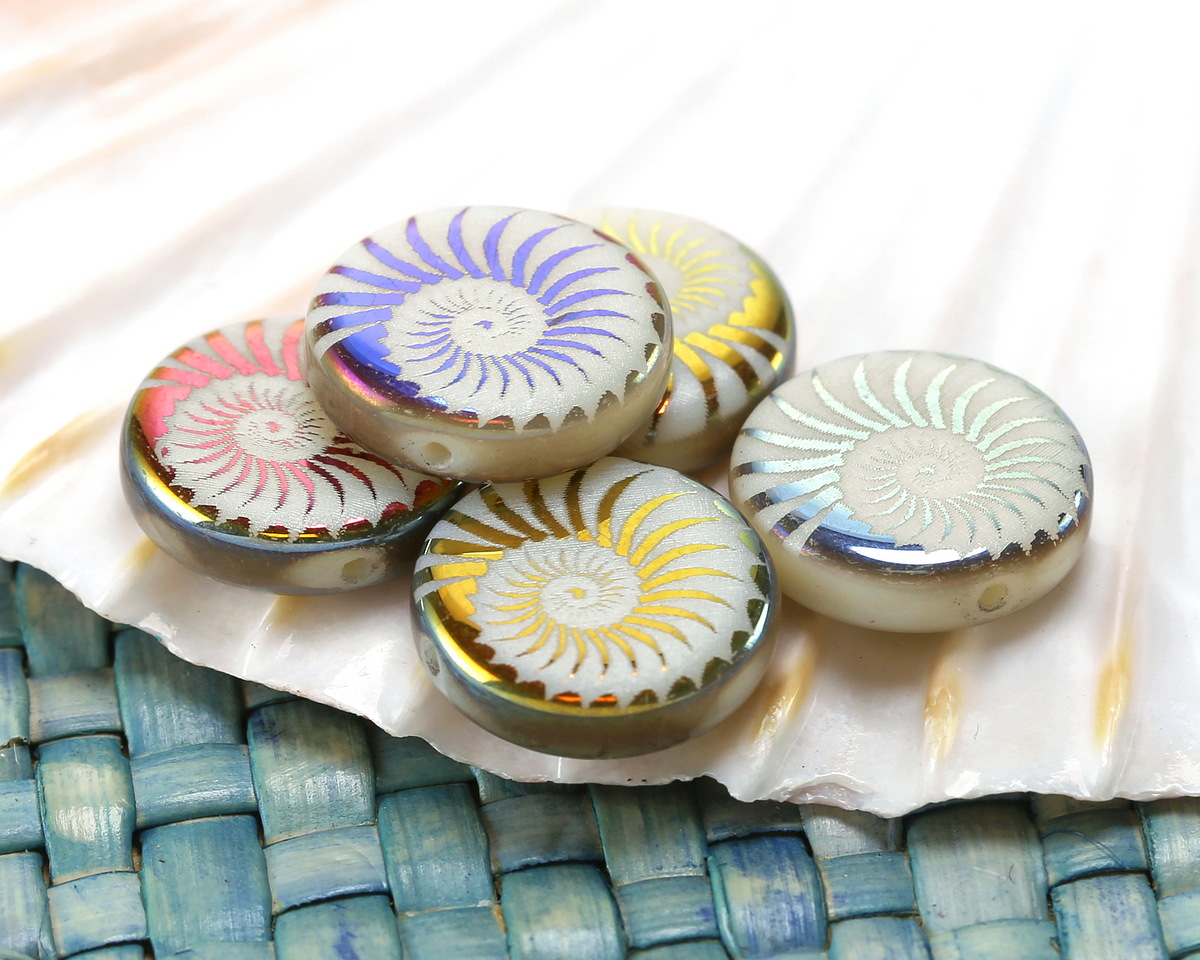 Czech Glass Laser Etched Spiral Ammonite on White w/ Metallic Rainbow Finish Coin 14mm