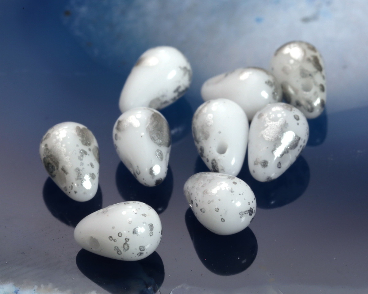 Czech Glass White w/ Silver Flecks Teardrop 4x6mm