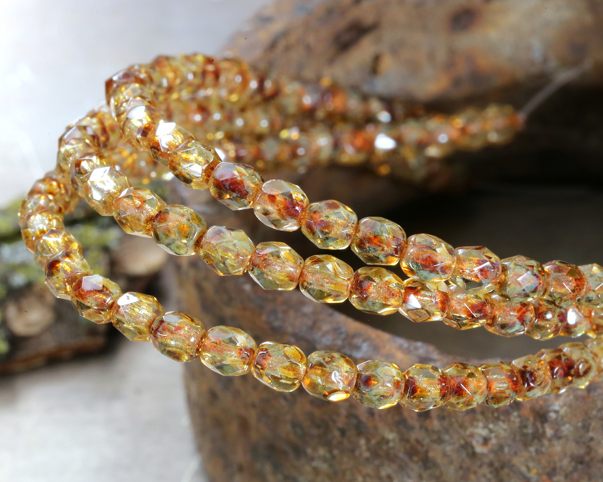 Czech Glass Jonquil Picasso Fire Polished Round 4mm