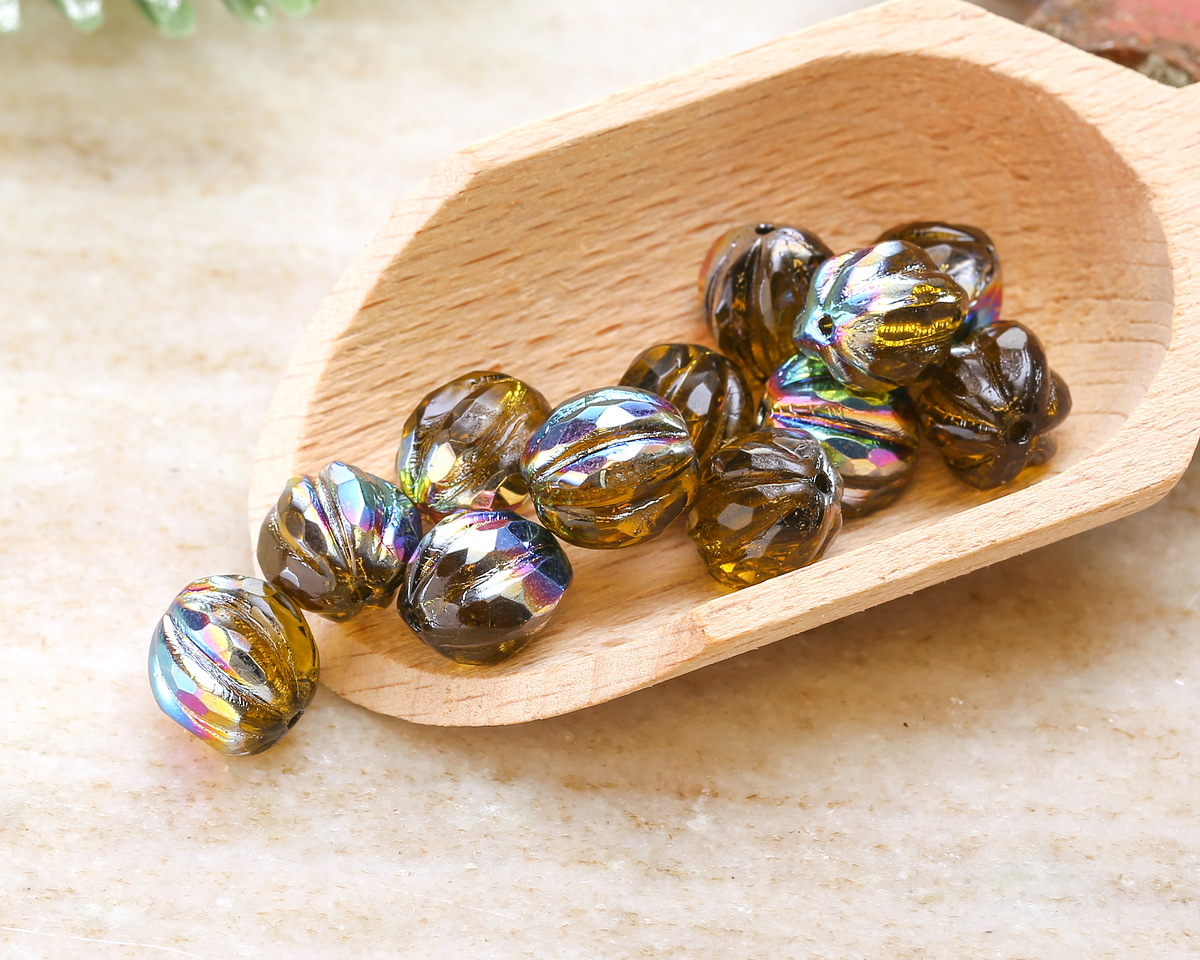 Czech Glass Dark Olivine w/ Vitrail Faceted Melon Round 10mm