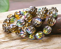 Czech Glass Dark Olivine w/ Vitrail Faceted Melon Round 10mm