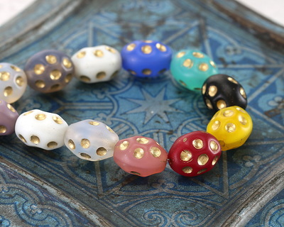 Czech Glass Matte Multi-Color w/ Gold Dimpled Rice 12x10mm