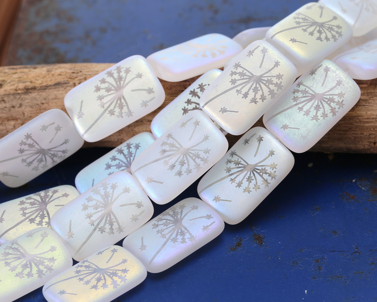 Czech Glass Laser Etched Dandelion on Matte Crystal AB Rectangle 19x12mm