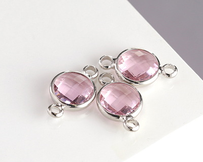 Rose Pink Crystal Round Link in Silver Finish Bezel 14.5x8.5mm