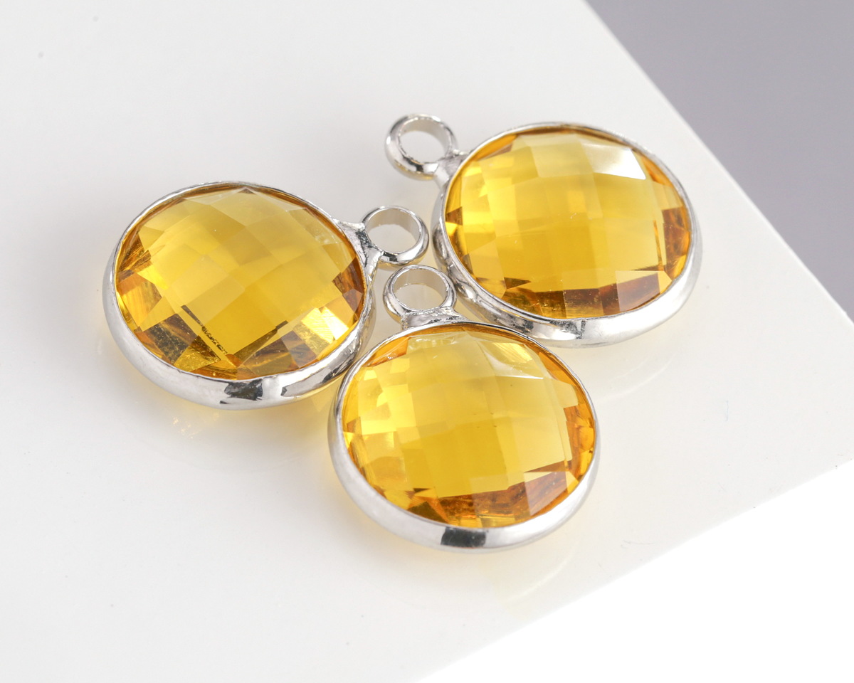 Yellow Crystal Round Drop in Silver Finish Bezel 12.8x16.5mm