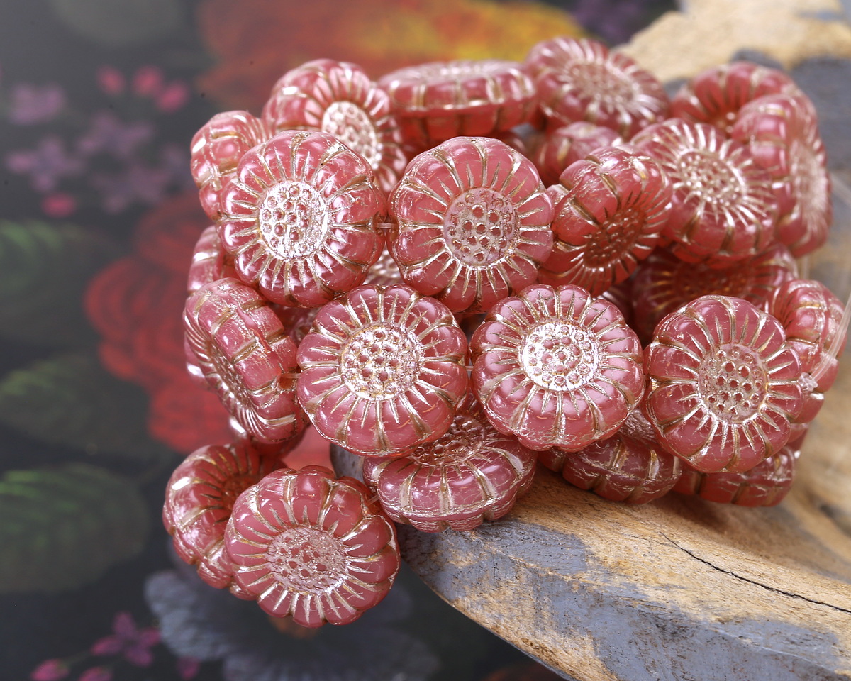 Czech Glass Desert Rose w/ Platinum Sunflower 13mm