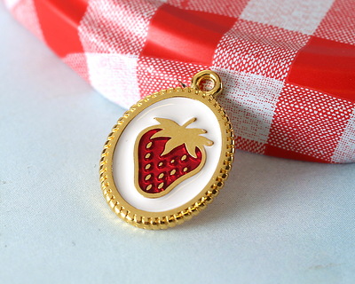 24K Gold (Plated) Framed White w/ Red Enamel Strawberry Oval Focal 14x19mm