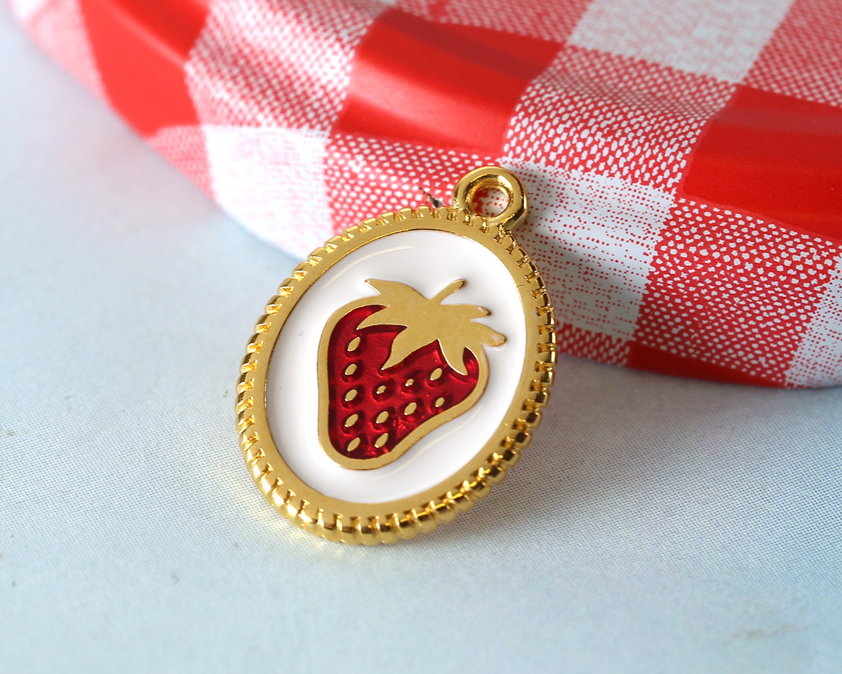 24K Gold (Plated) Framed White w/ Red Enamel Strawberry Oval Focal 14x19mm