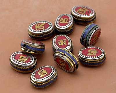 Nepalese White Brass & Brass "Om" Oval Coin Bead w/ Coral & Lapis 20-22x16-18mm