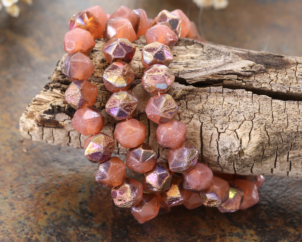 Czech Glass Desert Rose Opal w/ Copper Rainbow Finish English Cut Bead 8mm