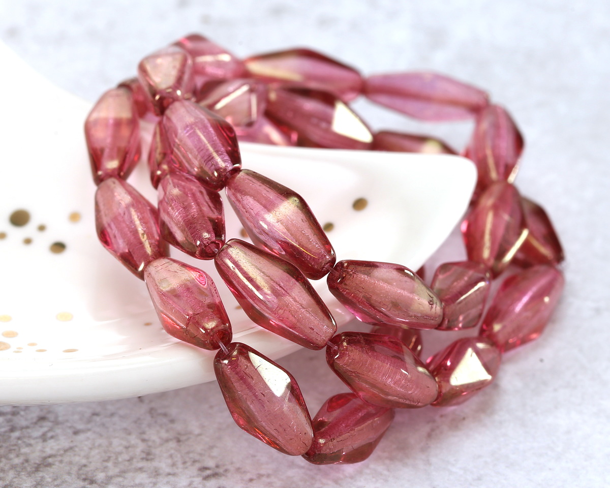 Czech Glass Raspberry w/ Gold Luster Rhombus 14x7mm