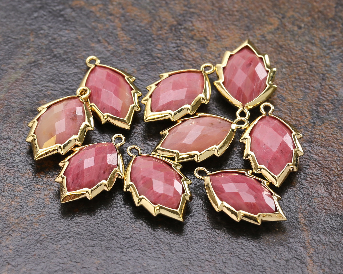 Wood Rhodonite Faceted Puff Leaf Focal w/ Gold Finish 14x22mm