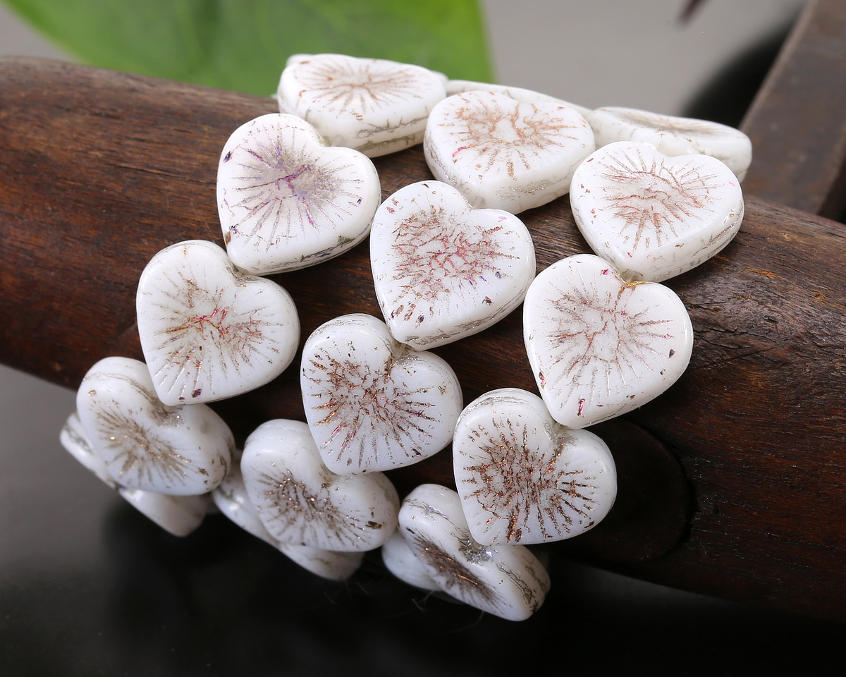 Czech Glass White w/ Metallic Rainbow Starburst Heart 13x14mm