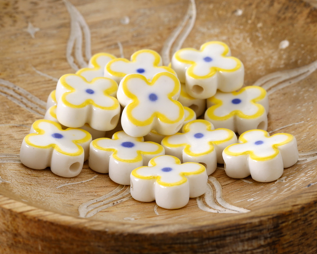 Yellow Rimmed w/ Cobalt Dot Porcelain Flower 15mm