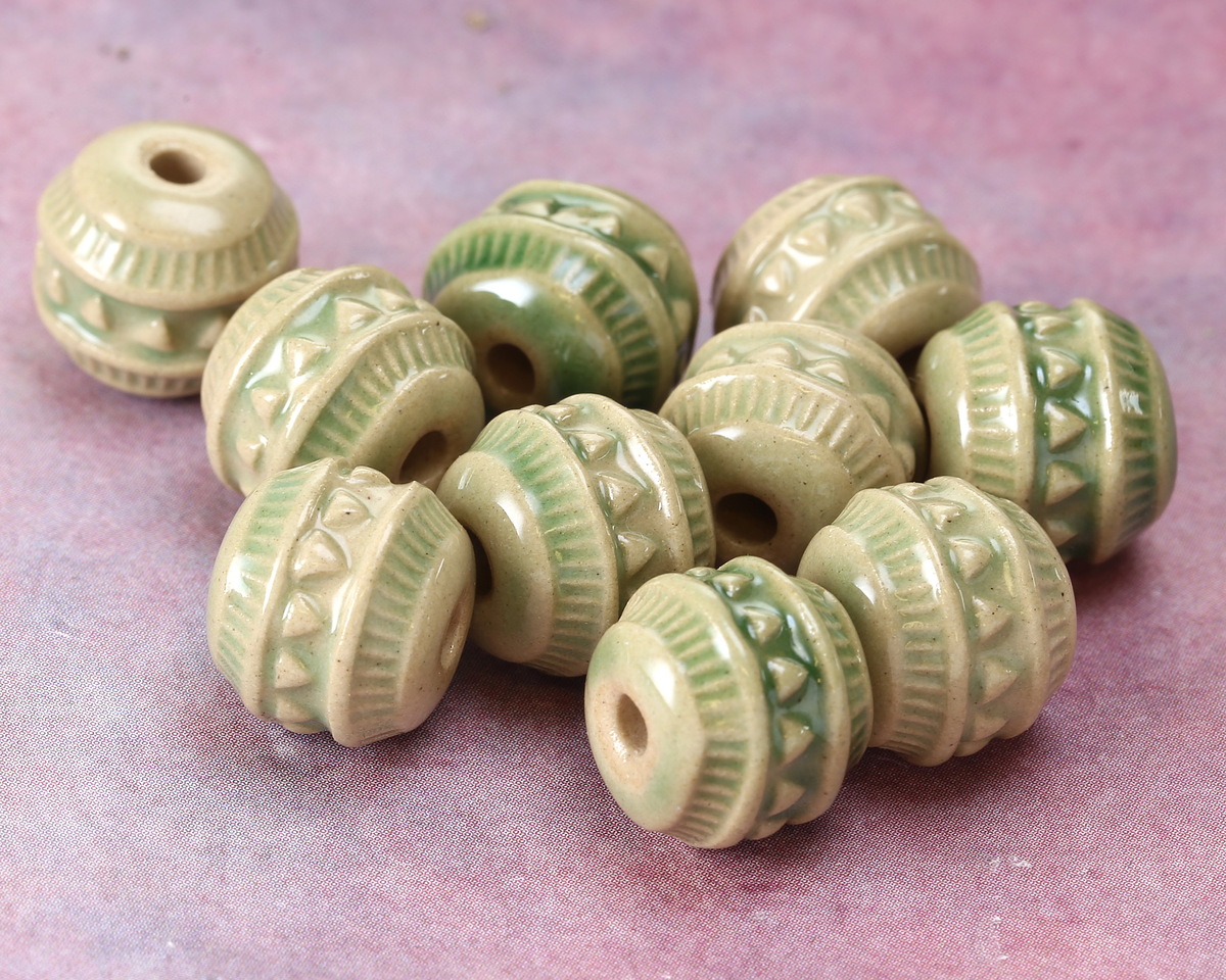 Golem Studio Bottle Green Triangles & Notches Ceramic Round Bead 12-13x13mm