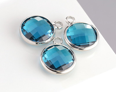Pacific Blue Crystal Round Drop in Silver Finish Bezel 12.8x16.5mm