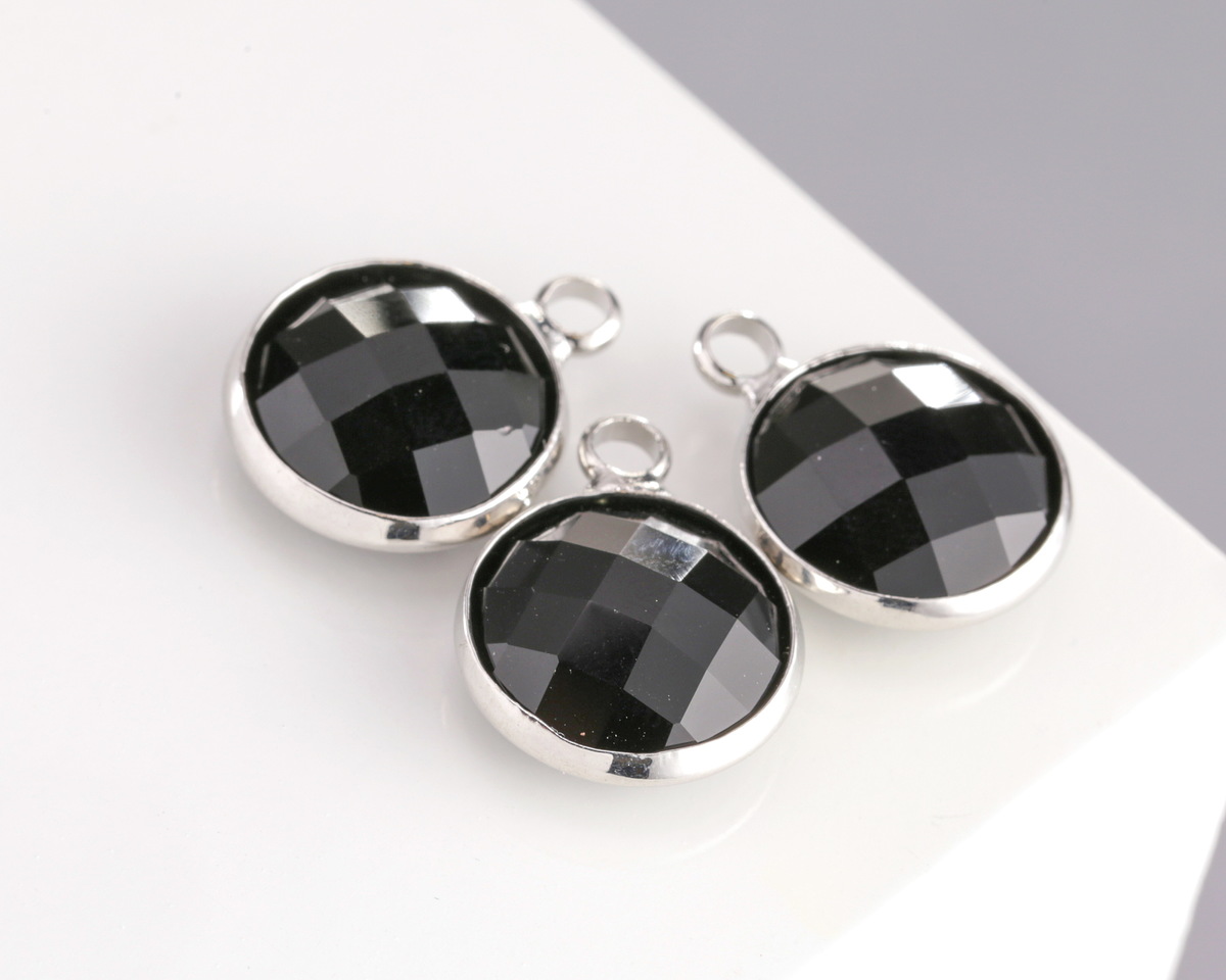 Jet Crystal Round Drop in Silver Finish Bezel 12.8x16.5mm