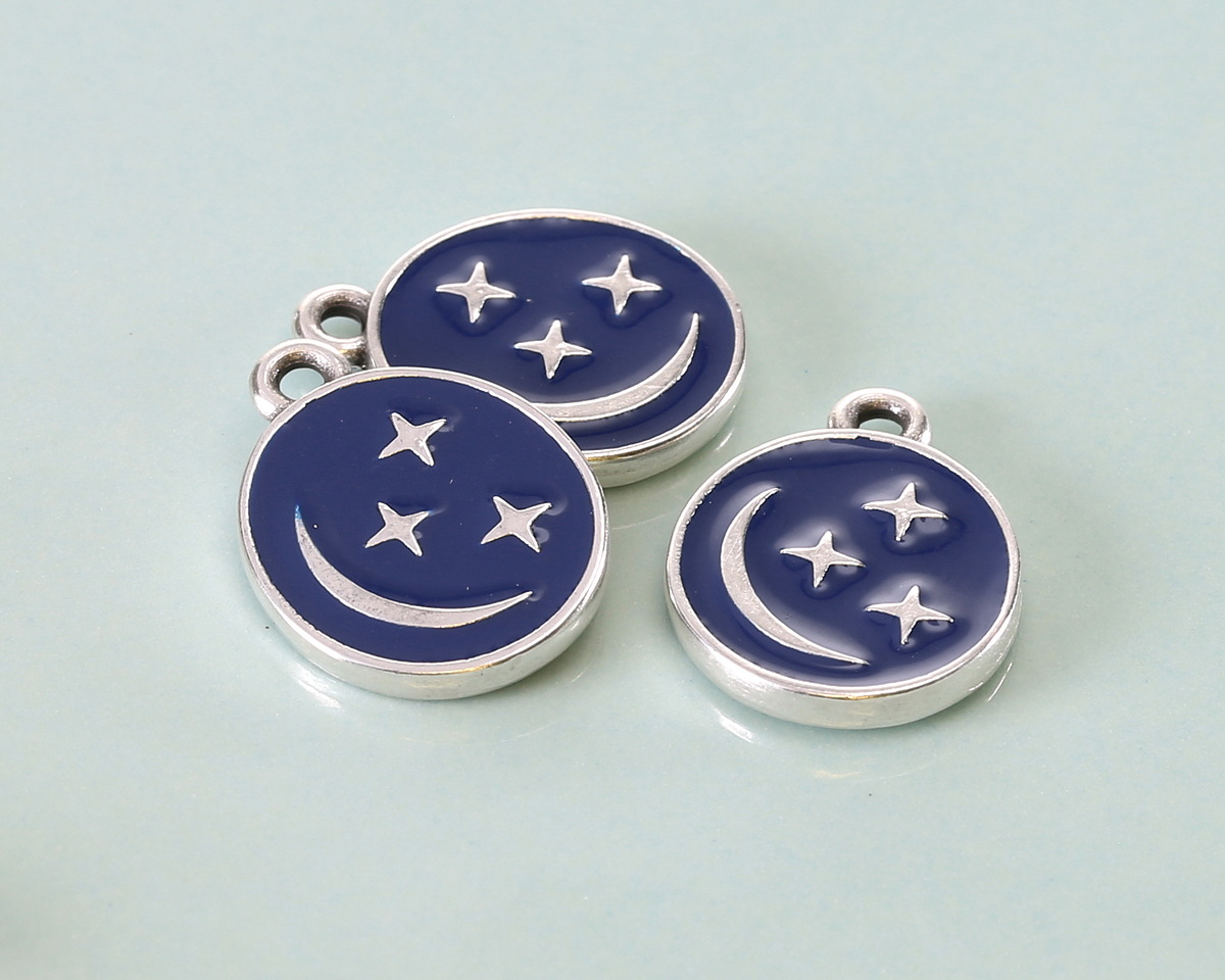 Antique Silver (plated) Cobalt Enamel Crescent Moon & Stars Oval Focal 12x16mm