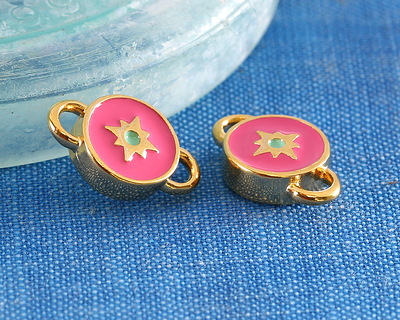24K Gold (plated) Rose Pink & Mint Enamel North Star Round Focal Link 16x10mm