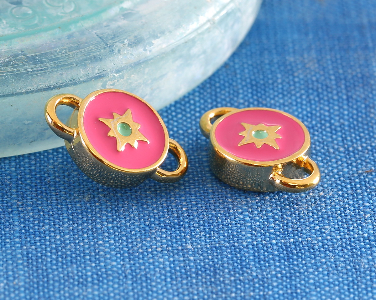 24K Gold (plated) Rose Pink & Mint Enamel North Star Round Focal Link 16x10mm
