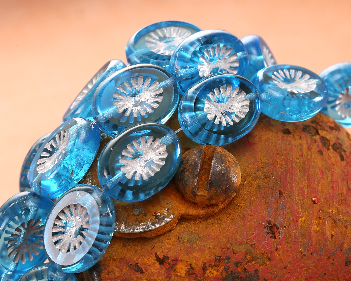 Czech Glass Aquamarine w/ Silver Oval Star Window 14x10mm
