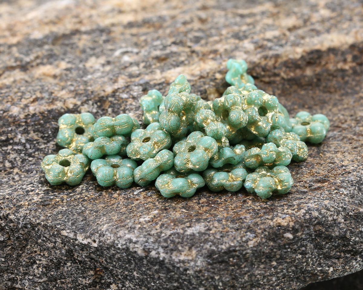 Czech Glass Textured Sea Green w/ Gold Wash Daisy Spacer 2x5mm