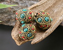 Nepalese Brass Circles w/ Turquoise & Coral Dots Rice Bead 19-22x18-22mm