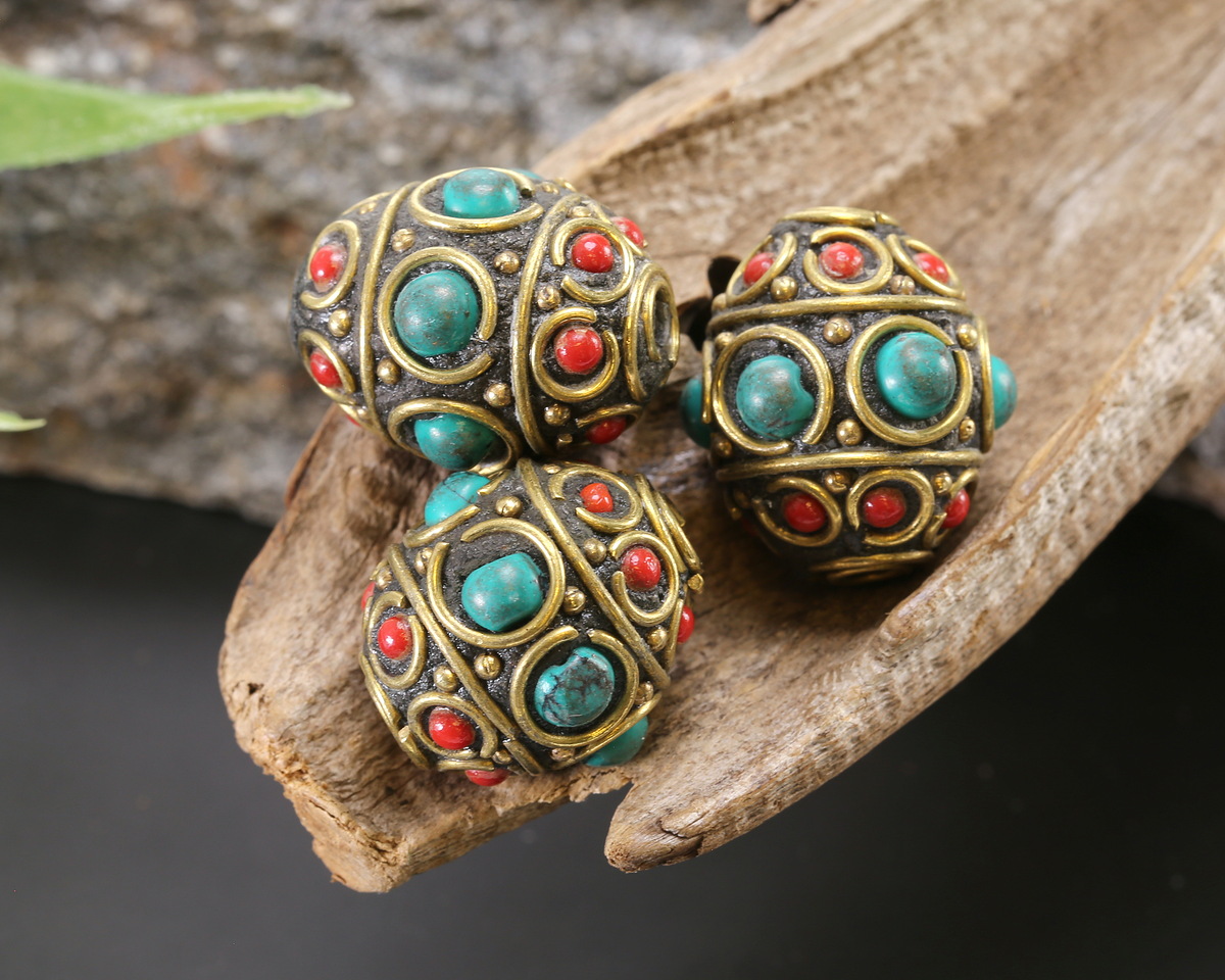 Nepalese Brass Circles w/ Turquoise & Coral Dots Rice Bead 19-22x18-22mm
