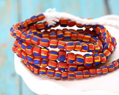 Java Glass Red, Yellow, & Cobalt w/ Stripes Graduated Gooseberry Beads 3-6x4-6mm