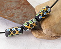 African Glass (Krobo) Black Powder-Cast Hand-Painted Yellow Lattice w/ Green & Blue Dots Tube 15-18x9mm