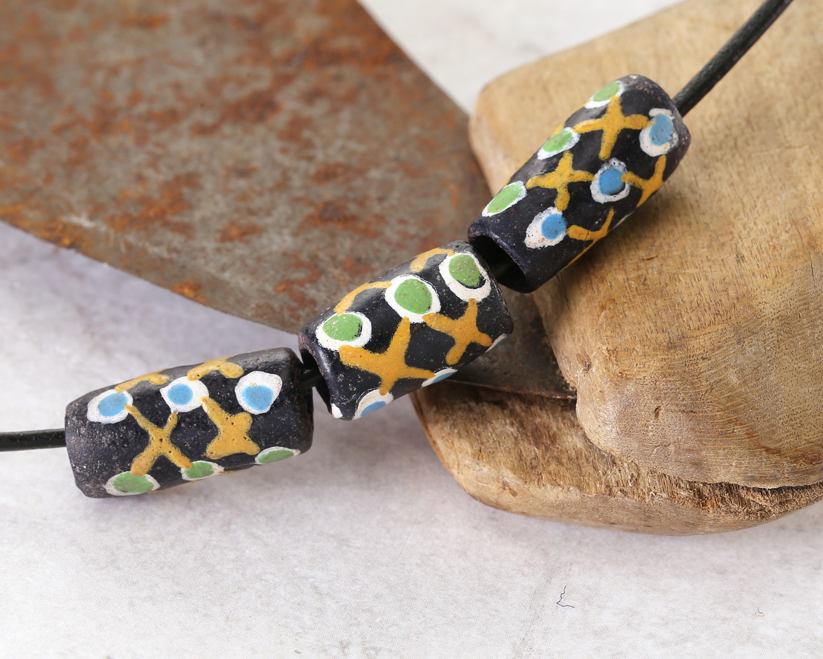 African Glass (Krobo) Black Powder-Cast Hand-Painted Yellow Lattice w/ Green & Blue Dots Tube 15-18x9mm