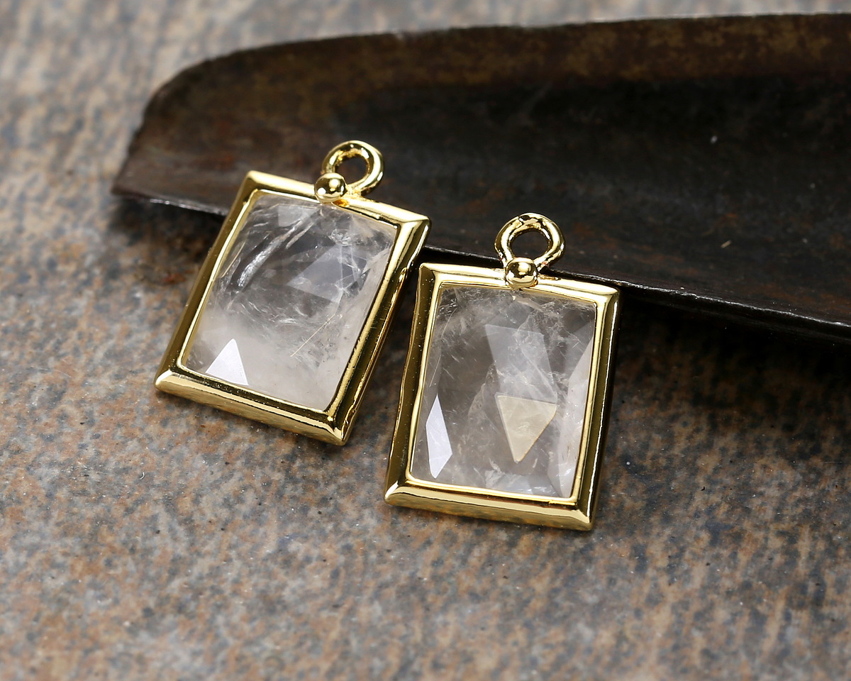 Rock Crystal Quartz w/ Gold Finish Faceted Rectangle Focal 10x15mm
