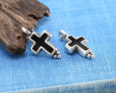 Antique Silver (plated) Jet Enamel Cross Focal 9x17mm