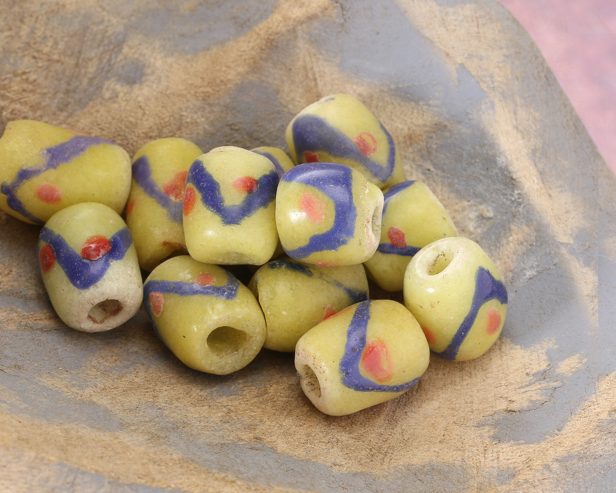 African Hand-Painted Blue Chevron & Red Dot on Yellow Powder Glass (Krobo) Rice 14-15x12mm