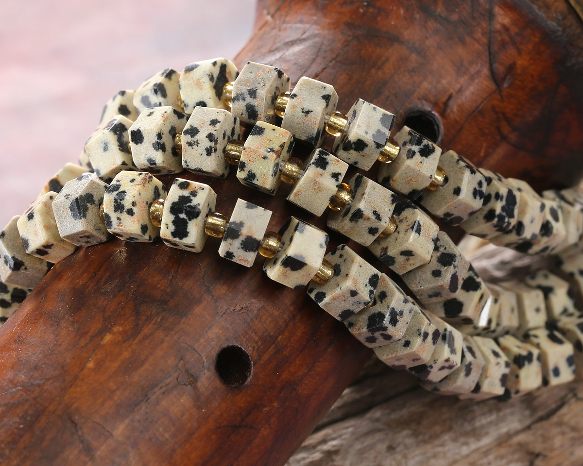 Dalmatian Jasper Microfaceted Hexagon Heishi 4x8mm