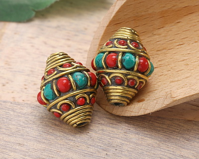 Nepalese Brass Bands w/ Turquoise & Coral Alternating Dots & Coral Bands Large Rice Bead 21x17mm