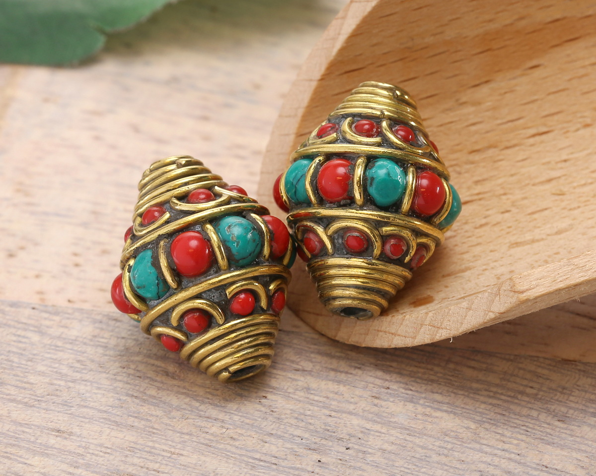Nepalese Brass Bands w/ Turquoise & Coral Alternating Dots & Coral Bands Large Rice Bead 21x17mm