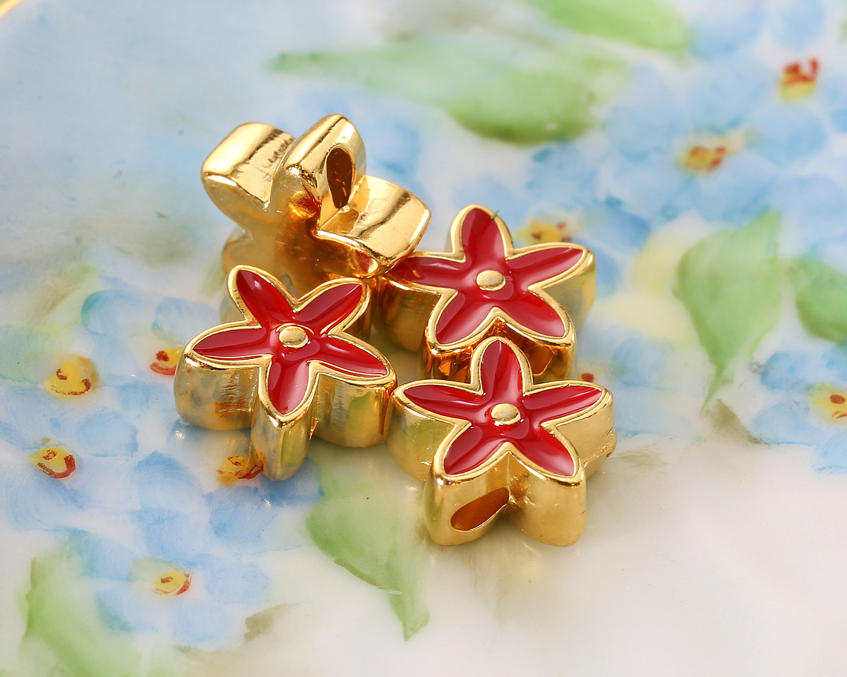24K Gold (plated) Red Enamel Flower Bead 11mm