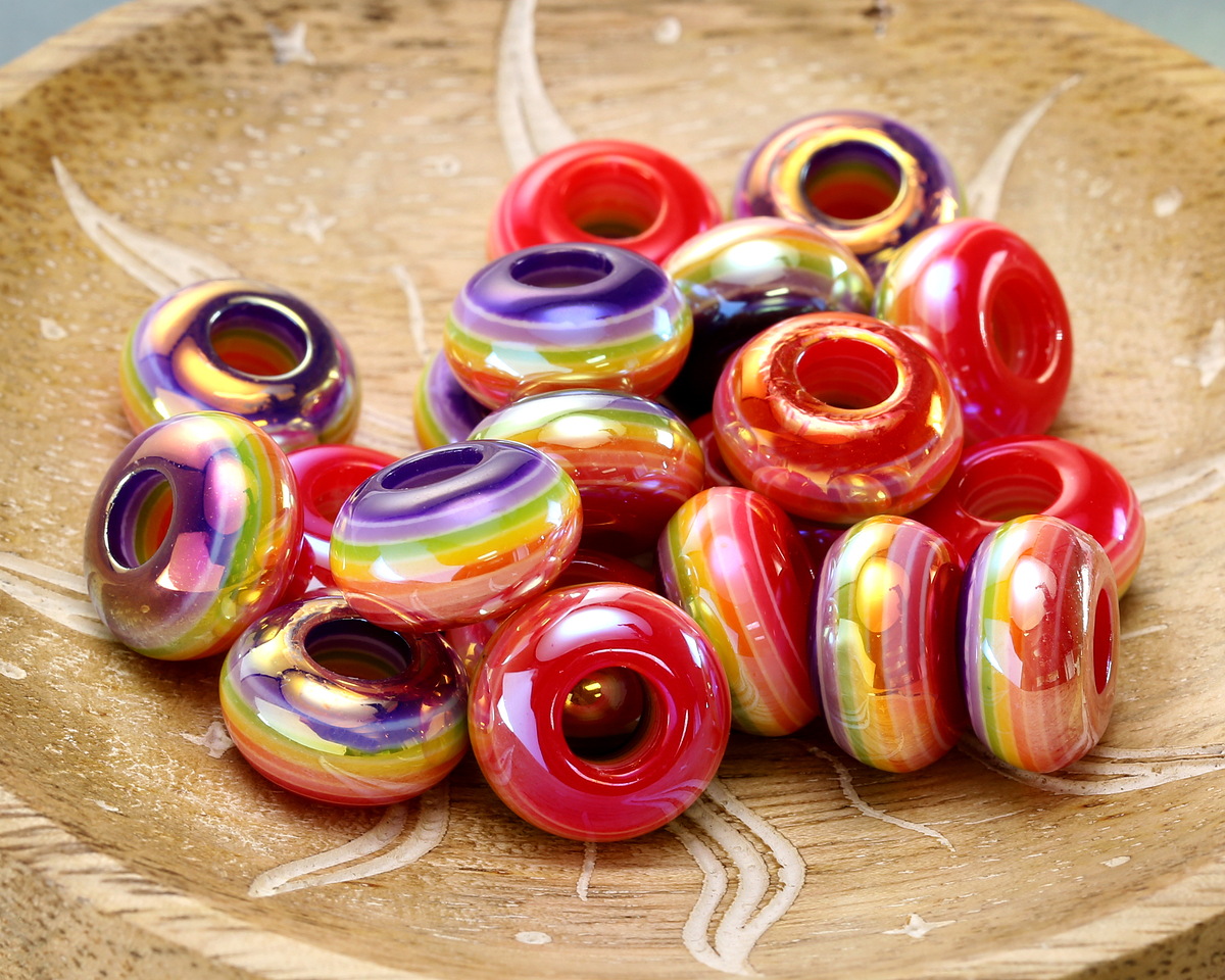 Rainbow Banded Resin Large-Hole Rondelle 8x14mm