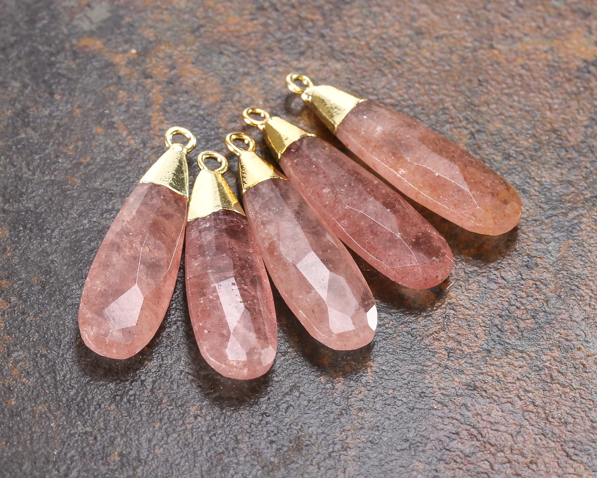 Strawberry Quartz Faceted Puff Teardrop Focal w/ Gold Finish 9x28mm