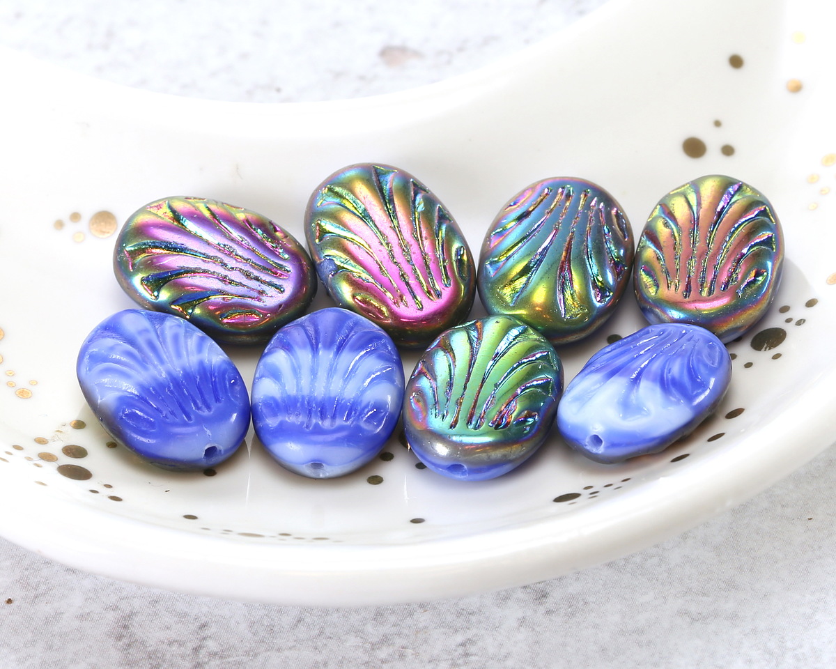 Czech Glass Cobalt Marble w/ Vitrail Fan Oval 17x12mm