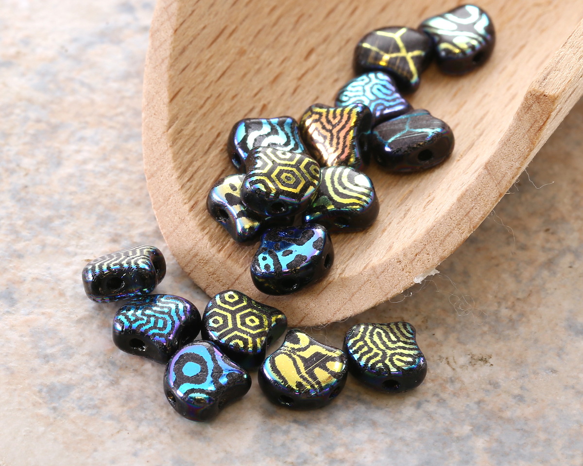 Czech Glass Laser Etched Mixed Designs on Jet AB 2-Hole Ginkgo Leaf 7.5mm